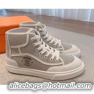 Popular Style Hermes Get Up High-top Sneakers in Canvas and Calfskin Grey/White Heel Tab 620143