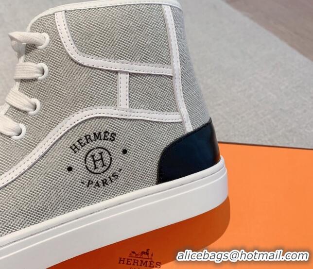 Popular Style Hermes Get Up High-top Sneakers in Canvas and Calfskin Grey/White Heel Tab 620143