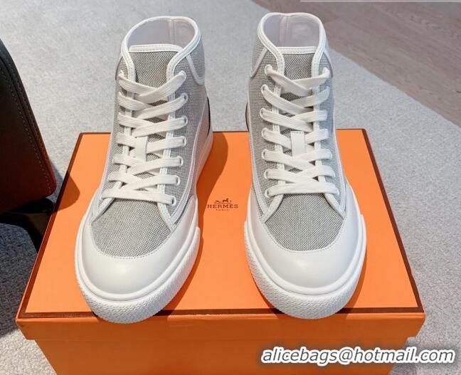 Popular Style Hermes Get Up High-top Sneakers in Canvas and Calfskin Grey/White Heel Tab 620143