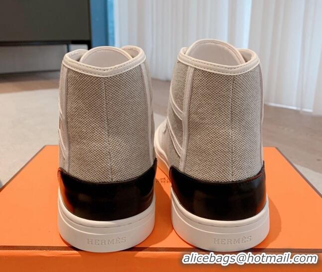 Popular Style Hermes Get Up High-top Sneakers in Canvas and Calfskin Grey/White Heel Tab 620143