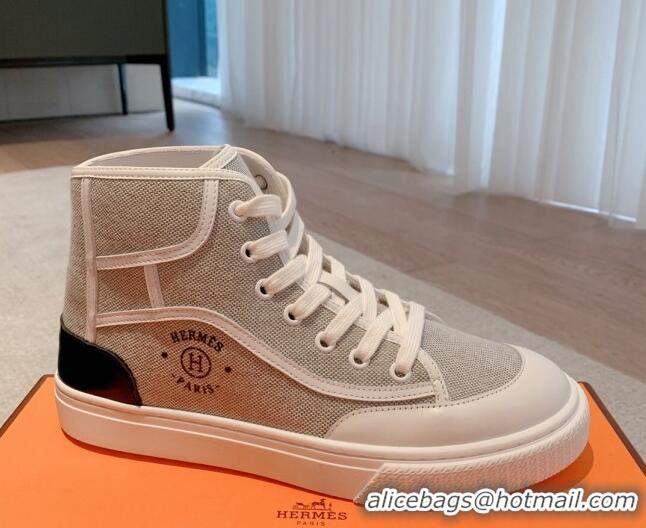 Popular Style Hermes Get Up High-top Sneakers in Canvas and Calfskin Grey/White Heel Tab 620143