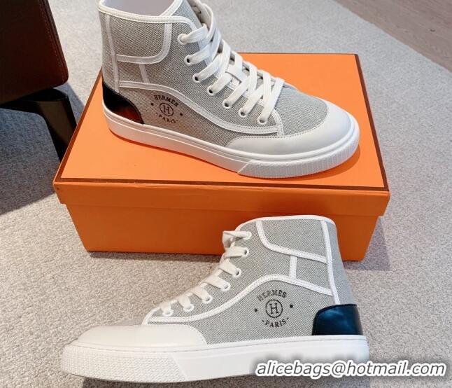 Popular Style Hermes Get Up High-top Sneakers in Canvas and Calfskin Grey/White Heel Tab 620143