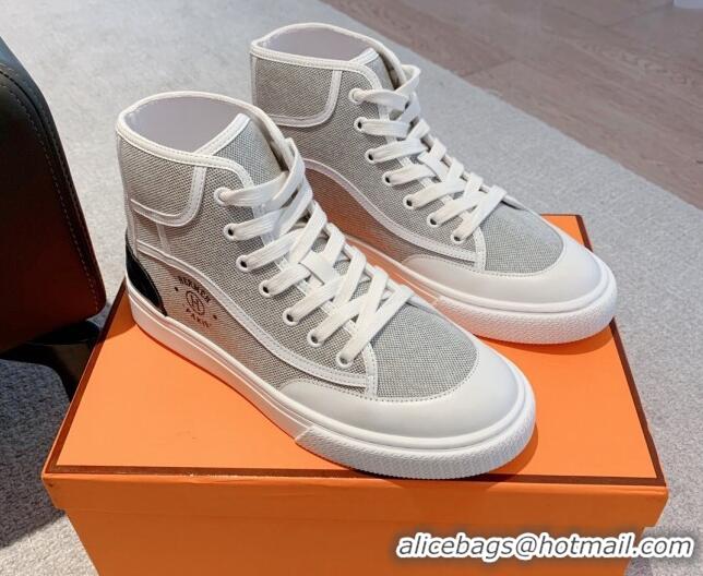 Popular Style Hermes Get Up High-top Sneakers in Canvas and Calfskin Grey/White Heel Tab 620143