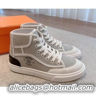 Top Grade Hermes Get Up High-top Sneakers in Canvas and Calfskin Grey/Black Heel Tab 620144 