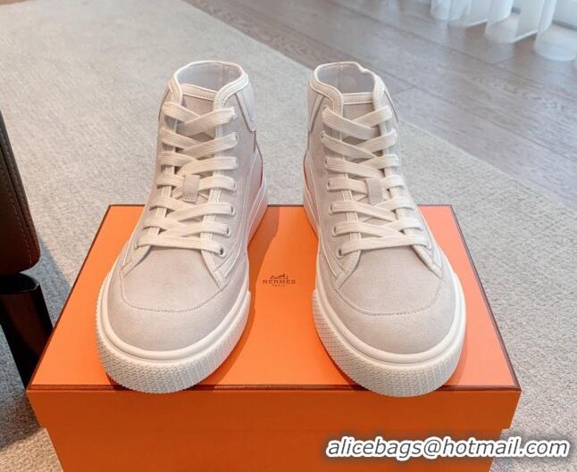 Top Design Hermes Get Up High-top Sneakers in Suede and Calfskin Light Grey 620145