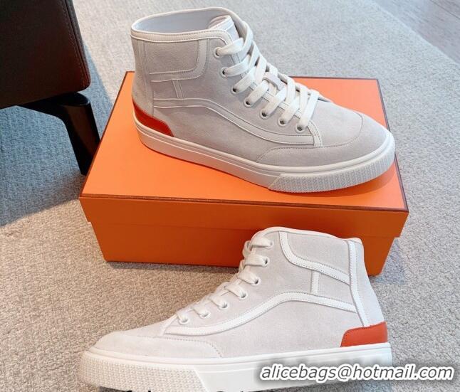 Top Design Hermes Get Up High-top Sneakers in Suede and Calfskin Light Grey 620145