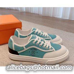 Shop Duplicate Hermes Get Low-top Sneakers in Suede and Calfskin Light Blue/White/Black Heel Tab 620152