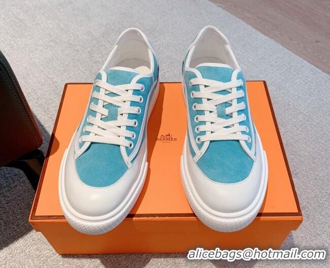 Shop Duplicate Hermes Get Low-top Sneakers in Suede and Calfskin Light Blue/White/Black Heel Tab 620152