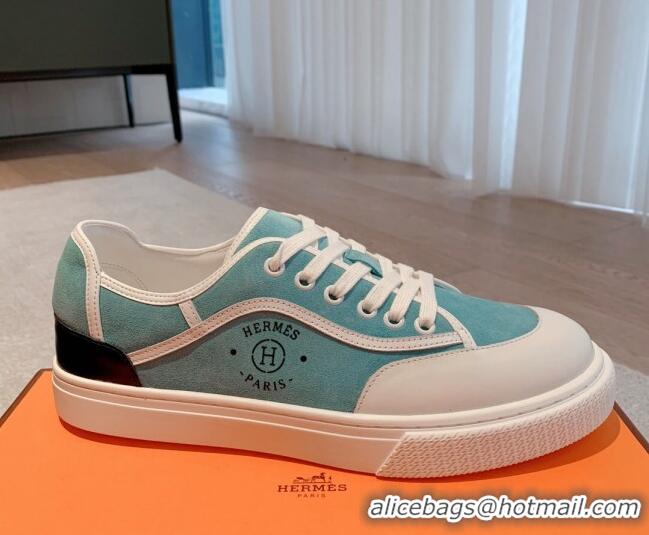 Shop Duplicate Hermes Get Low-top Sneakers in Suede and Calfskin Light Blue/White/Black Heel Tab 620152