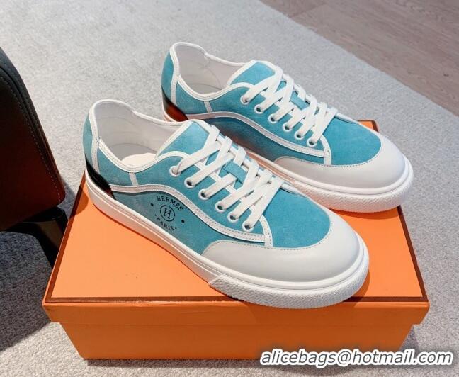 Shop Duplicate Hermes Get Low-top Sneakers in Suede and Calfskin Light Blue/White/Black Heel Tab 620152