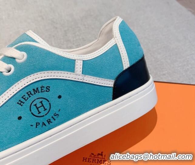 Shop Duplicate Hermes Get Low-top Sneakers in Suede and Calfskin Light Blue/White/Black Heel Tab 620152