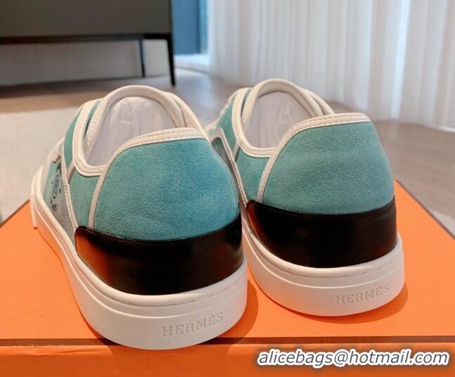 Shop Duplicate Hermes Get Low-top Sneakers in Suede and Calfskin Light Blue/White/Black Heel Tab 620152