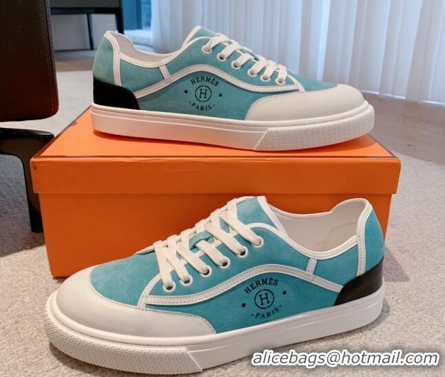 Shop Duplicate Hermes Get Low-top Sneakers in Suede and Calfskin Light Blue/White/Black Heel Tab 620152