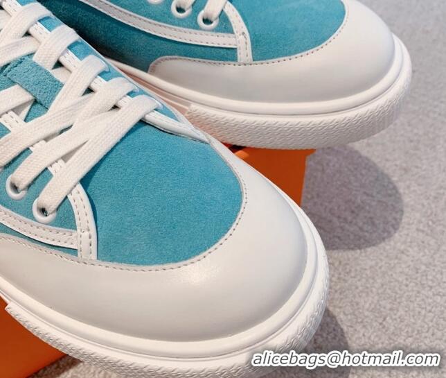 Shop Duplicate Hermes Get Low-top Sneakers in Suede and Calfskin Light Blue/White/Black Heel Tab 620152