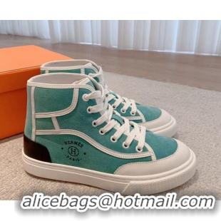 Luxurious Hermes Get Up High-top Sneakers in Suede and Calfskin Light Blue/White/Black Heel Tab 620148