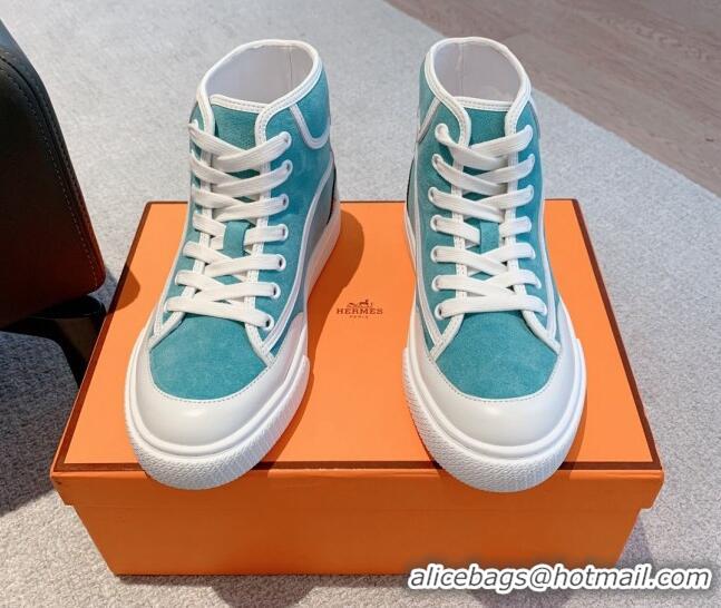 Luxurious Hermes Get Up High-top Sneakers in Suede and Calfskin Light Blue/White/Black Heel Tab 620148