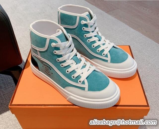 Luxurious Hermes Get Up High-top Sneakers in Suede and Calfskin Light Blue/White/Black Heel Tab 620148