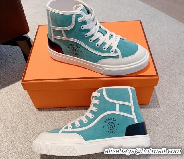 Luxurious Hermes Get Up High-top Sneakers in Suede and Calfskin Light Blue/White/Black Heel Tab 620148