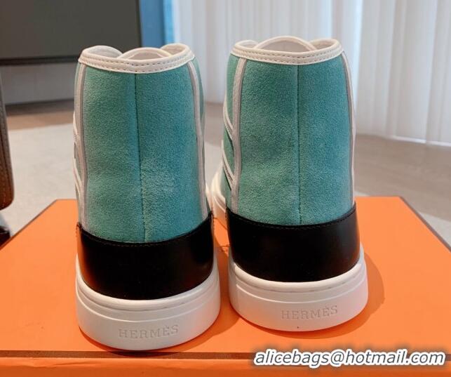 Luxurious Hermes Get Up High-top Sneakers in Suede and Calfskin Light Blue/White/Black Heel Tab 620148