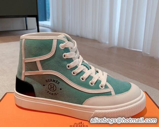 Luxurious Hermes Get Up High-top Sneakers in Suede and Calfskin Light Blue/White/Black Heel Tab 620148