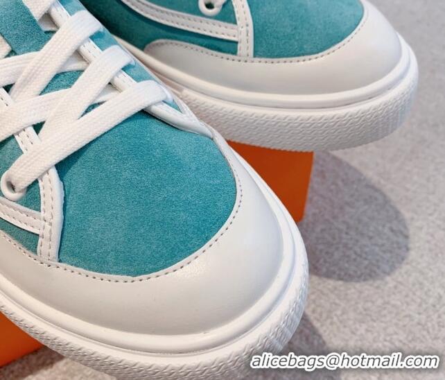 Luxurious Hermes Get Up High-top Sneakers in Suede and Calfskin Light Blue/White/Black Heel Tab 620148