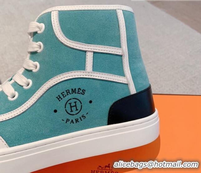 Luxurious Hermes Get Up High-top Sneakers in Suede and Calfskin Light Blue/White/Black Heel Tab 620148