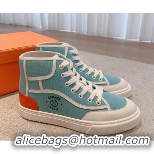 Charming Hermes Get Up High-top Sneakers in Canvas and Calfskin Light Blue/White 620153