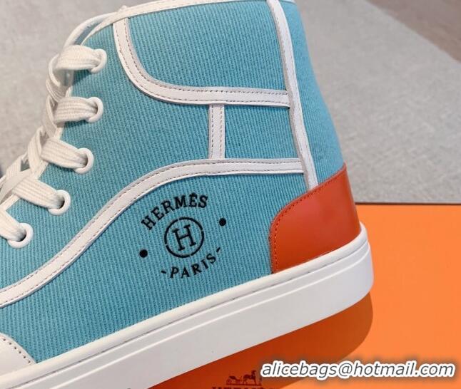 Charming Hermes Get Up High-top Sneakers in Canvas and Calfskin Light Blue/White 620153