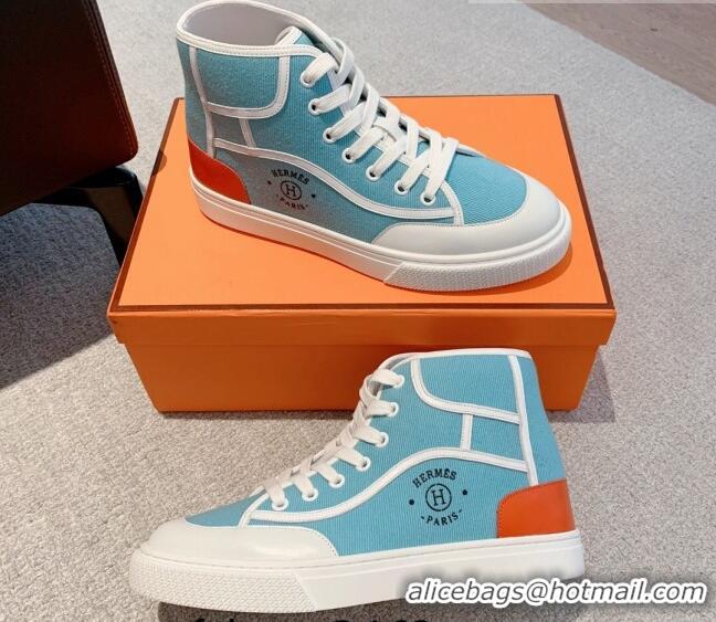 Charming Hermes Get Up High-top Sneakers in Canvas and Calfskin Light Blue/White 620153