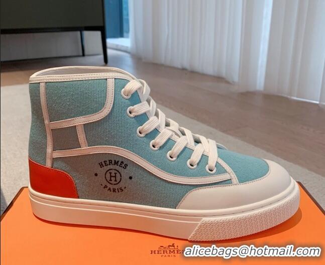 Charming Hermes Get Up High-top Sneakers in Canvas and Calfskin Light Blue/White 620153