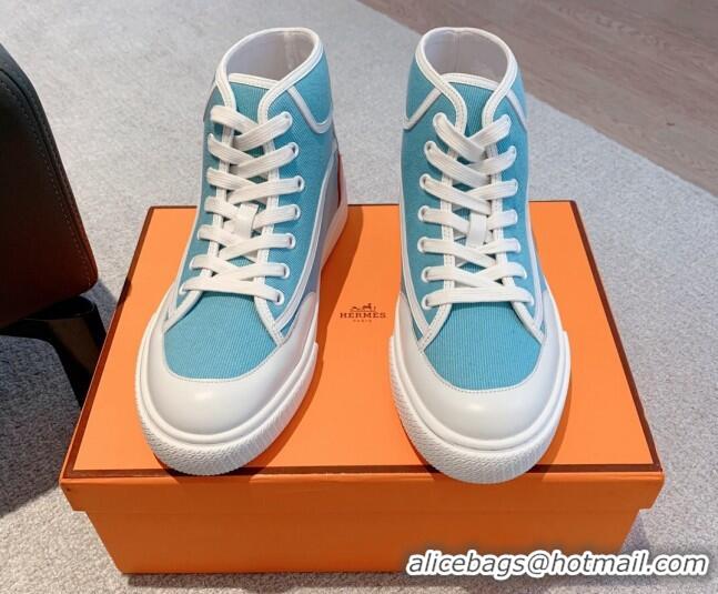 Charming Hermes Get Up High-top Sneakers in Canvas and Calfskin Light Blue/White 620153