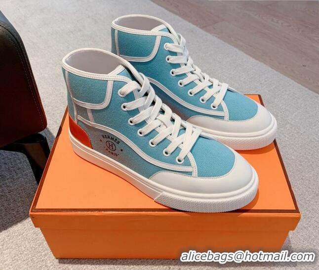 Charming Hermes Get Up High-top Sneakers in Canvas and Calfskin Light Blue/White 620153