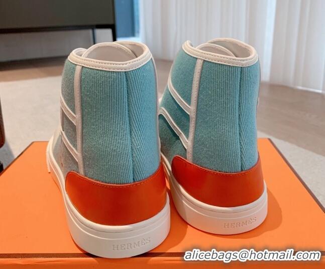 Charming Hermes Get Up High-top Sneakers in Canvas and Calfskin Light Blue/White 620153