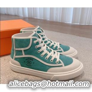 Sumptuous Hermes Get Up High-top Sneakers in Suede and Calfskin Light Blue/White 620154