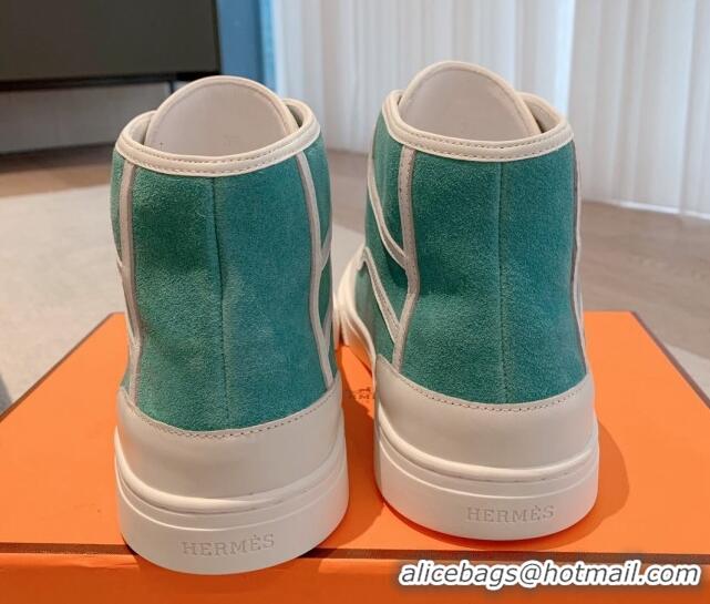 Sumptuous Hermes Get Up High-top Sneakers in Suede and Calfskin Light Blue/White 620154