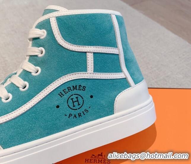 Sumptuous Hermes Get Up High-top Sneakers in Suede and Calfskin Light Blue/White 620154