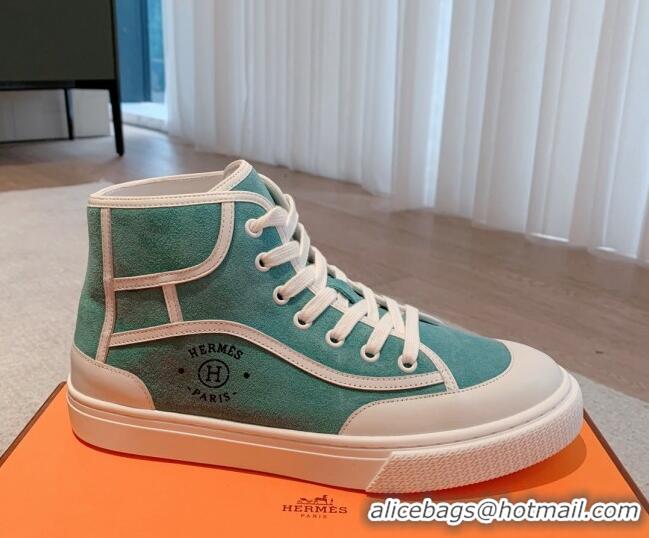 Sumptuous Hermes Get Up High-top Sneakers in Suede and Calfskin Light Blue/White 620154