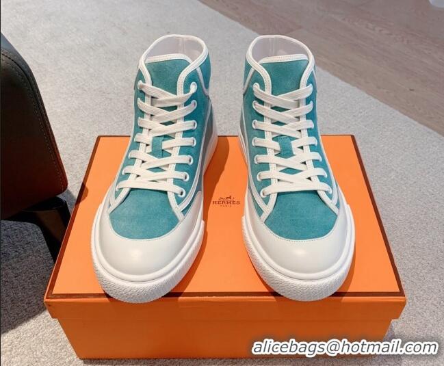 Sumptuous Hermes Get Up High-top Sneakers in Suede and Calfskin Light Blue/White 620154