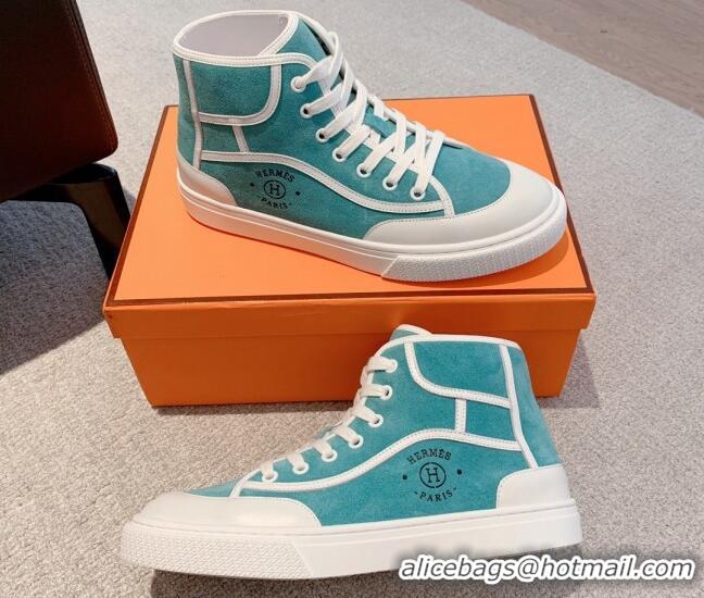 Sumptuous Hermes Get Up High-top Sneakers in Suede and Calfskin Light Blue/White 620154