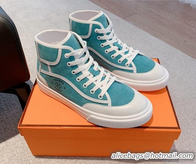 Sumptuous Hermes Get Up High-top Sneakers in Suede and Calfskin Light Blue/White 620154