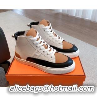 Unique Discount Hermes District Calfskin High Top Sneakers White/Brown 0625001