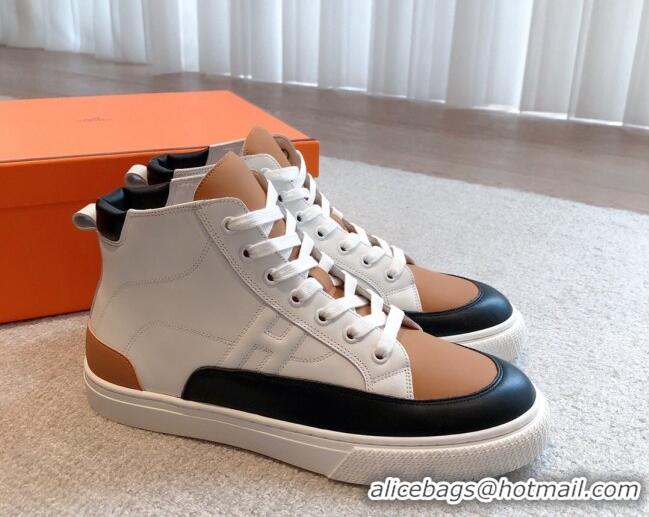 Unique Discount Hermes District Calfskin High Top Sneakers White/Brown 0625001