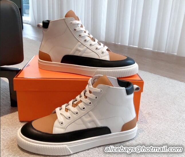 Unique Discount Hermes District Calfskin High Top Sneakers White/Brown 0625001