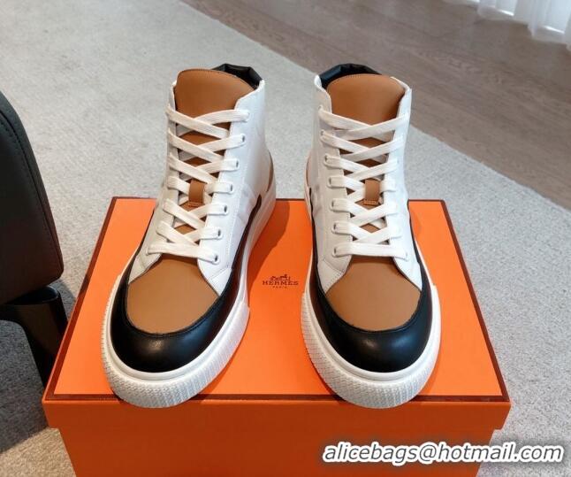 Unique Discount Hermes District Calfskin High Top Sneakers White/Brown 0625001