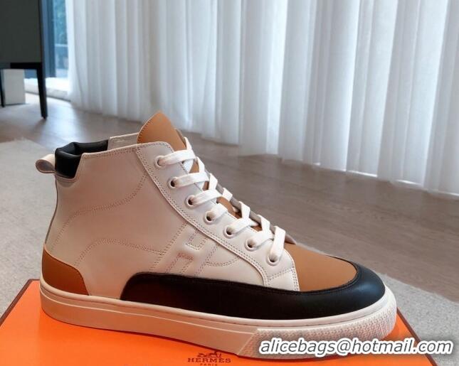 Unique Discount Hermes District Calfskin High Top Sneakers White/Brown 0625001