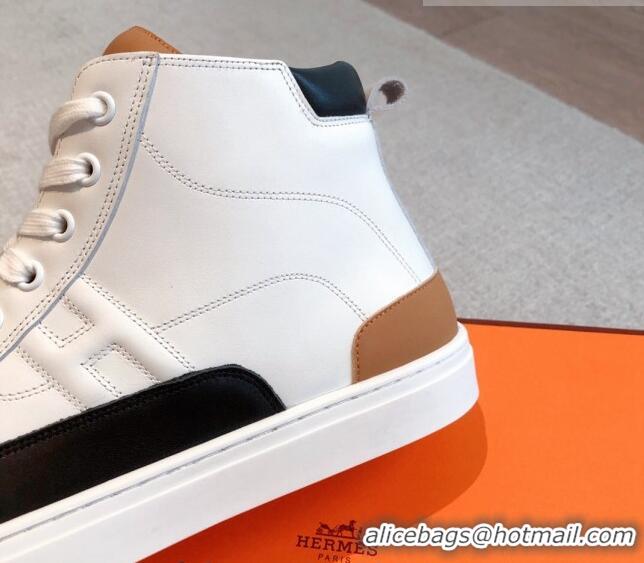 Unique Discount Hermes District Calfskin High Top Sneakers White/Brown 0625001