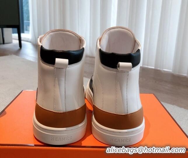 Unique Discount Hermes District Calfskin High Top Sneakers White/Brown 0625001