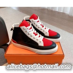 Hot Style Hermes District Calfskin High Top Sneakers Black/Red 0625002