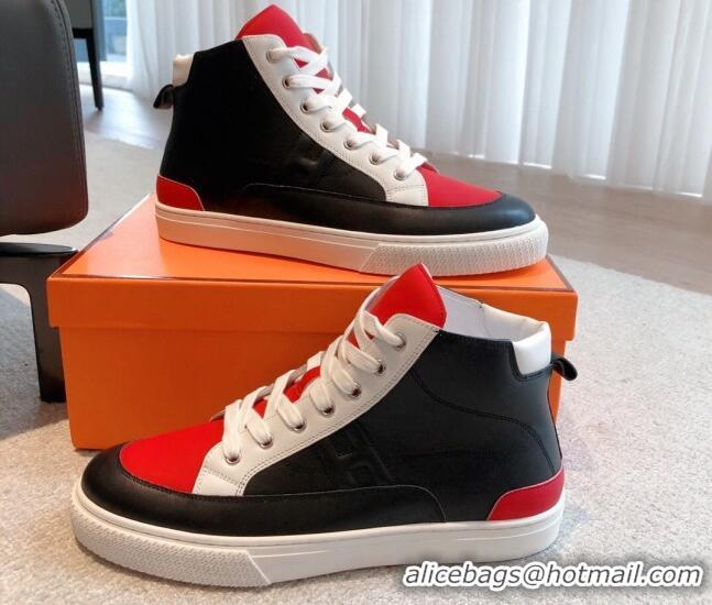 Hot Style Hermes District Calfskin High Top Sneakers Black/Red 0625002