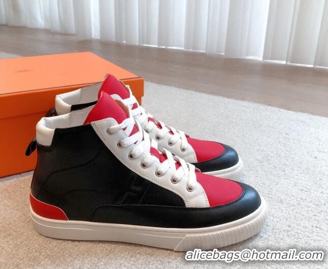 Hot Style Hermes District Calfskin High Top Sneakers Black/Red 0625002